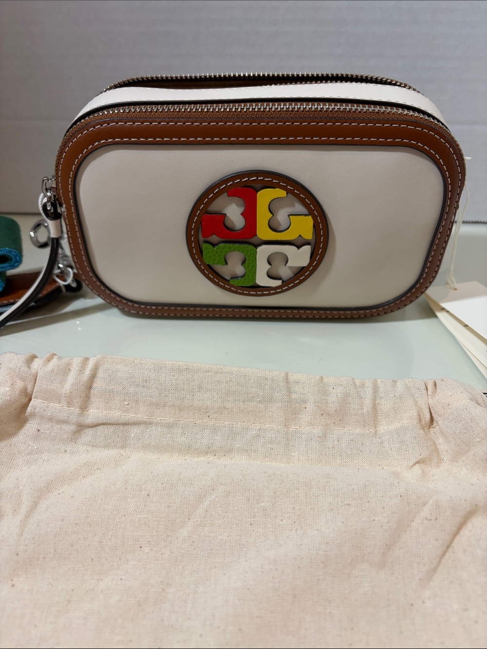 Tory Burch-Inspired Cream Leather Crossbody with Multi-Color Logo Accent
